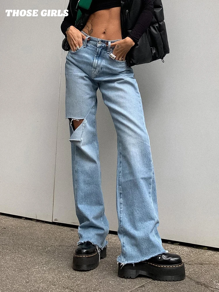 

Womens Wide Leg Straight Jeans Ripped For Women High Waist Blue Wash Casual Cotton Denim Trousers Summer Streetwear Baggy Pants
