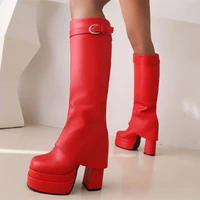 high quality pu leather boots square toe overlay knee high boots chunky high heel for women platform shoes buckle strap size 48