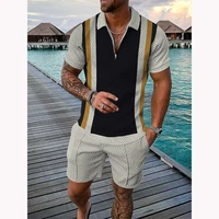 2022 summer mens street fashion trend 3d gradient contrast color polo shirt short sleeve suit hawaii beach 2 piece set