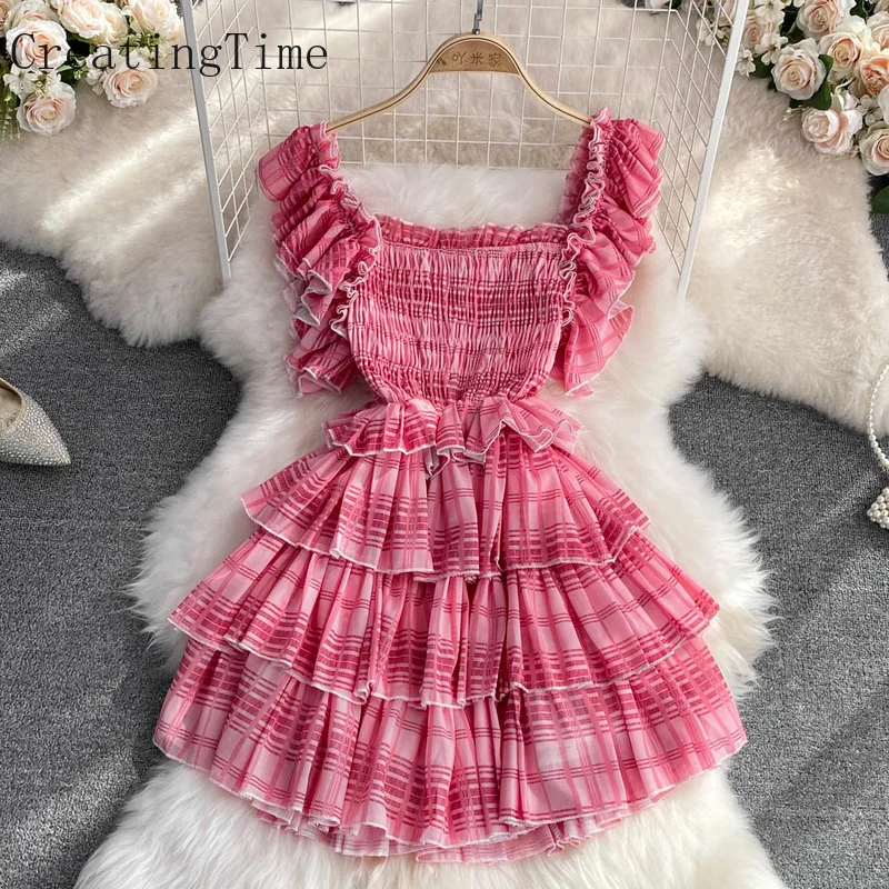 

Sweet Pleated Plaid Midi Summer Cake Dress Women 2022 Fashion Square Neck Flying Sleeve High Waist A-line Pullover Dresses LH587