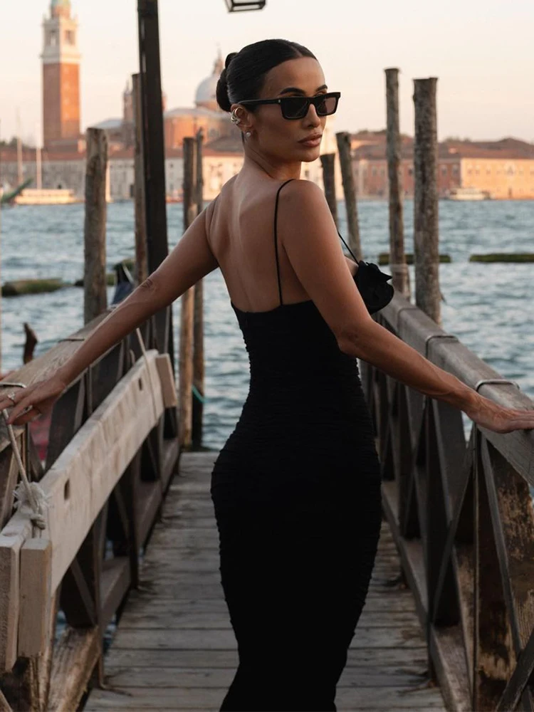 Модное сексуальное черное платье на бретельках с оборками для женщин шикарные