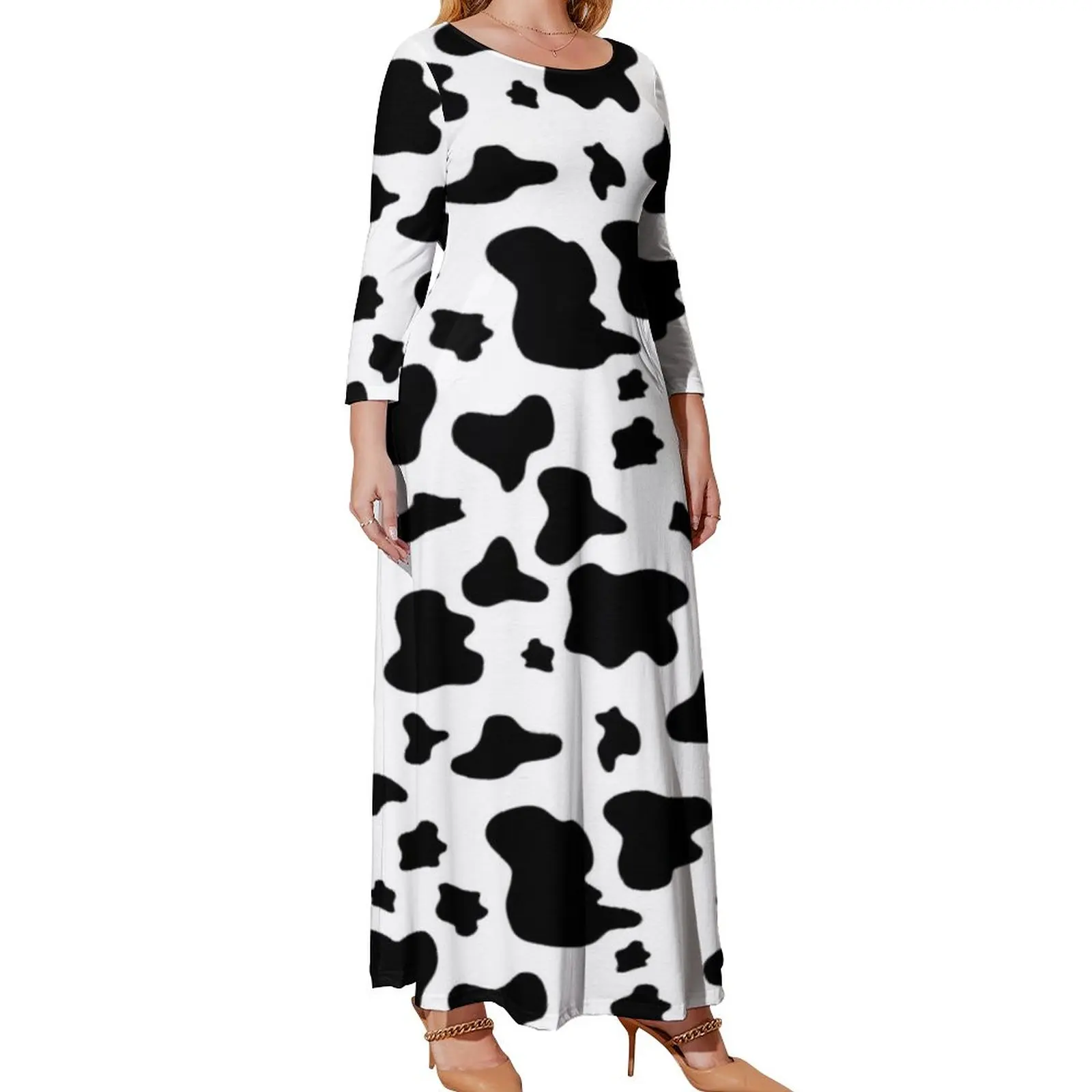 Funny Farm Dress Black White Cow Print Fashion Bohemia Dresses Women Long Sleeve Kawaii Maxi Dress Spring Plus Size Vestidos