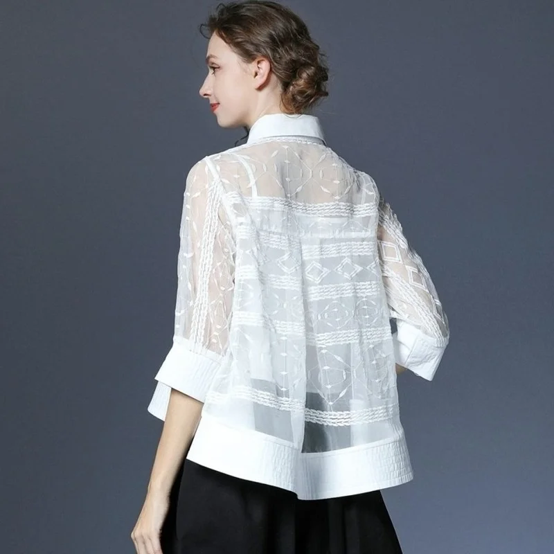 Блузка женская Свободная из органзы с вышивкой однотонная