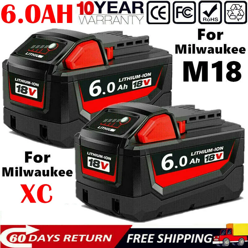 Сменная литиевая батарея 18 в 1860 Ач для Milwaukee M18 XC, 48-11-1850 48-11-1840 48-11-1820 48-11-, аккумуляторные батареи