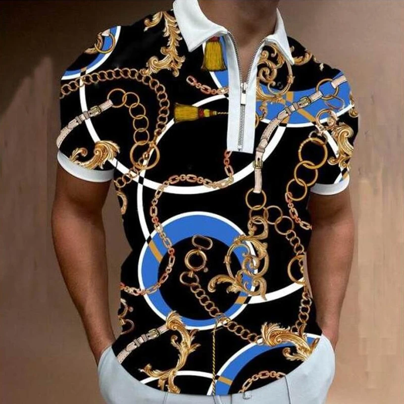 Golden Circle Print Short Sleeve Tee Shirt Men Turn-down Collar Zipper Polos Tops