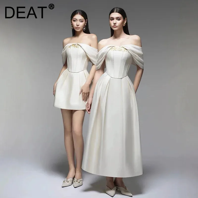 DEAT женское модное платье с вырезом на шее и открытой спиной атласное