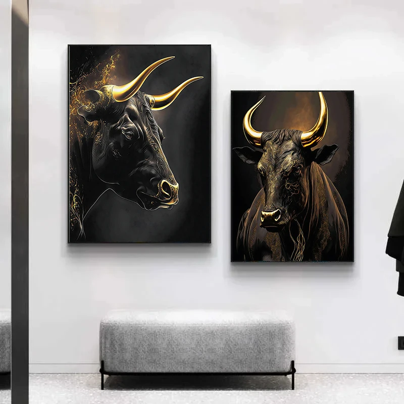 Современная элегантная Картина на холсте с изображением черного быка настенный