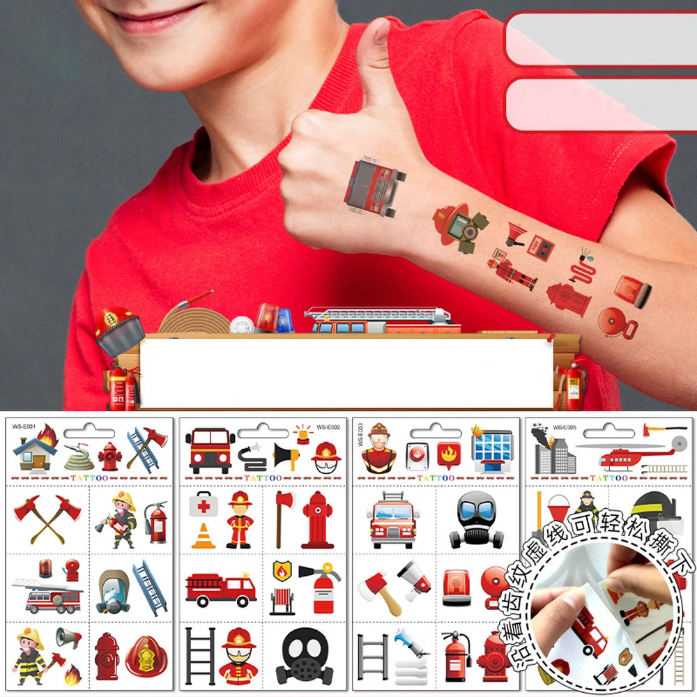 

Temporary Tattoo Stickers Waterproof Children Cartoon Excavator Crane Firefighter Car Tattoo for Kids Body Art Sticker