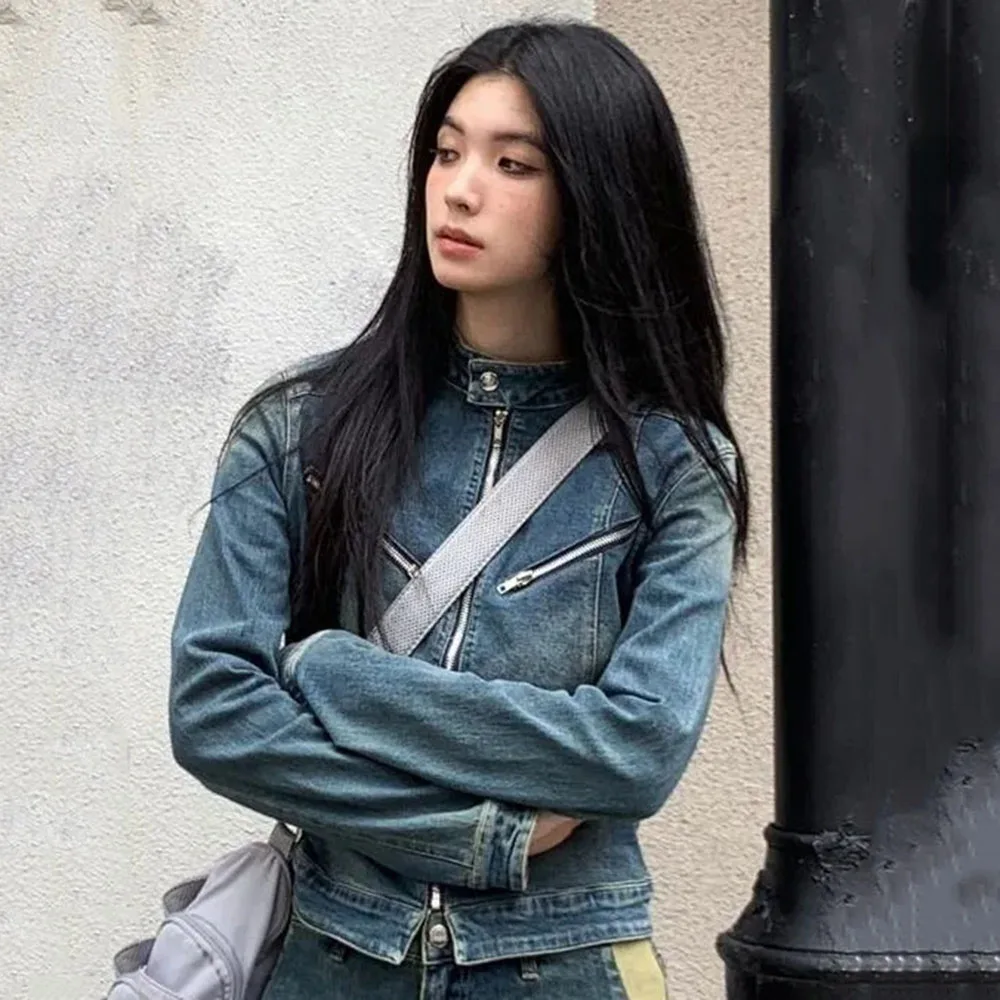 Осень 2024 уличная одежда джинсовые куртки женские Y2k сексуальные ретро стираные