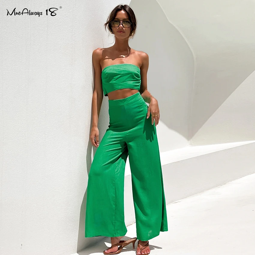 

Mnealways18 Bohemian Green Linen Suit Tube Top And High Waist Wide Leg Pants Suit Summer Cotton 2 Piece Set Female Lace-Up 2022