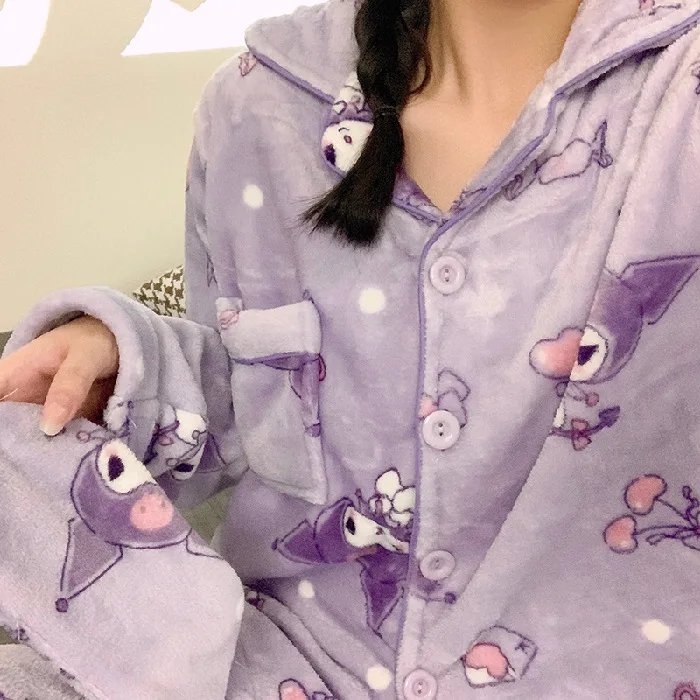 

Hello Kitty Pajamas Pants Kawaii Sanrio Y2k Kulomi Melody Anime Character Plush Warm Cute Girl Home Clothes 1 Piece Set