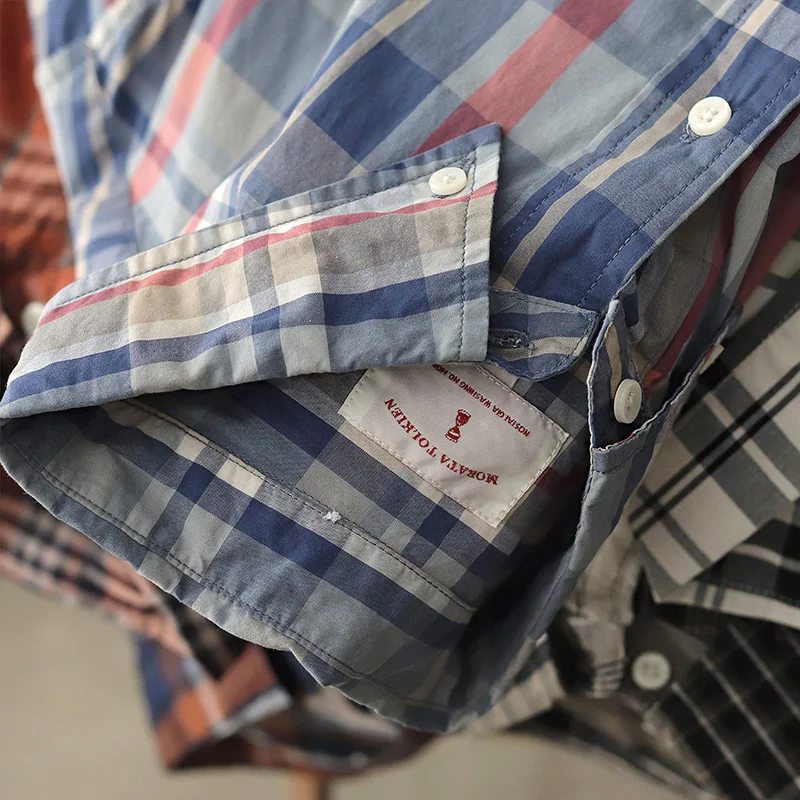 

Autumn New American Retro Long Sleeve Lapel Thin Casual Plaid Shirt with Commuter Men's 100% Cotton Washed Old Loose Blouses