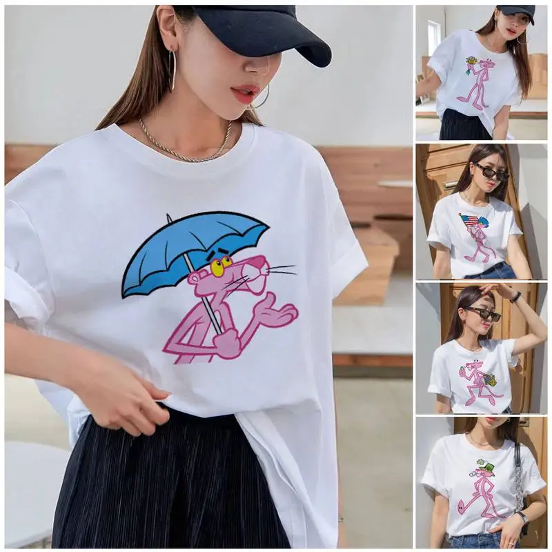 

Disney Pink Panther Kawaii T Shirt Summer Clothes Casual Women Tee Hip Hop O-Neck Streetwear Print Comfort T-shirt