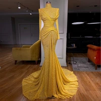gold evening dress mermaid high collar long sleeves pleat modest evening gown sparkly sequin high slit glitter formal party gown