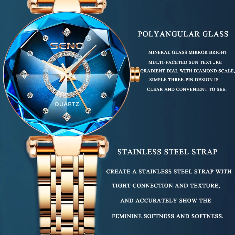 Elegant Crystal Watches for Women Luxury Brand Quartz Waterproof Leather Strap Blue Diamond Ladies Wrist Watches Reloj Mujer