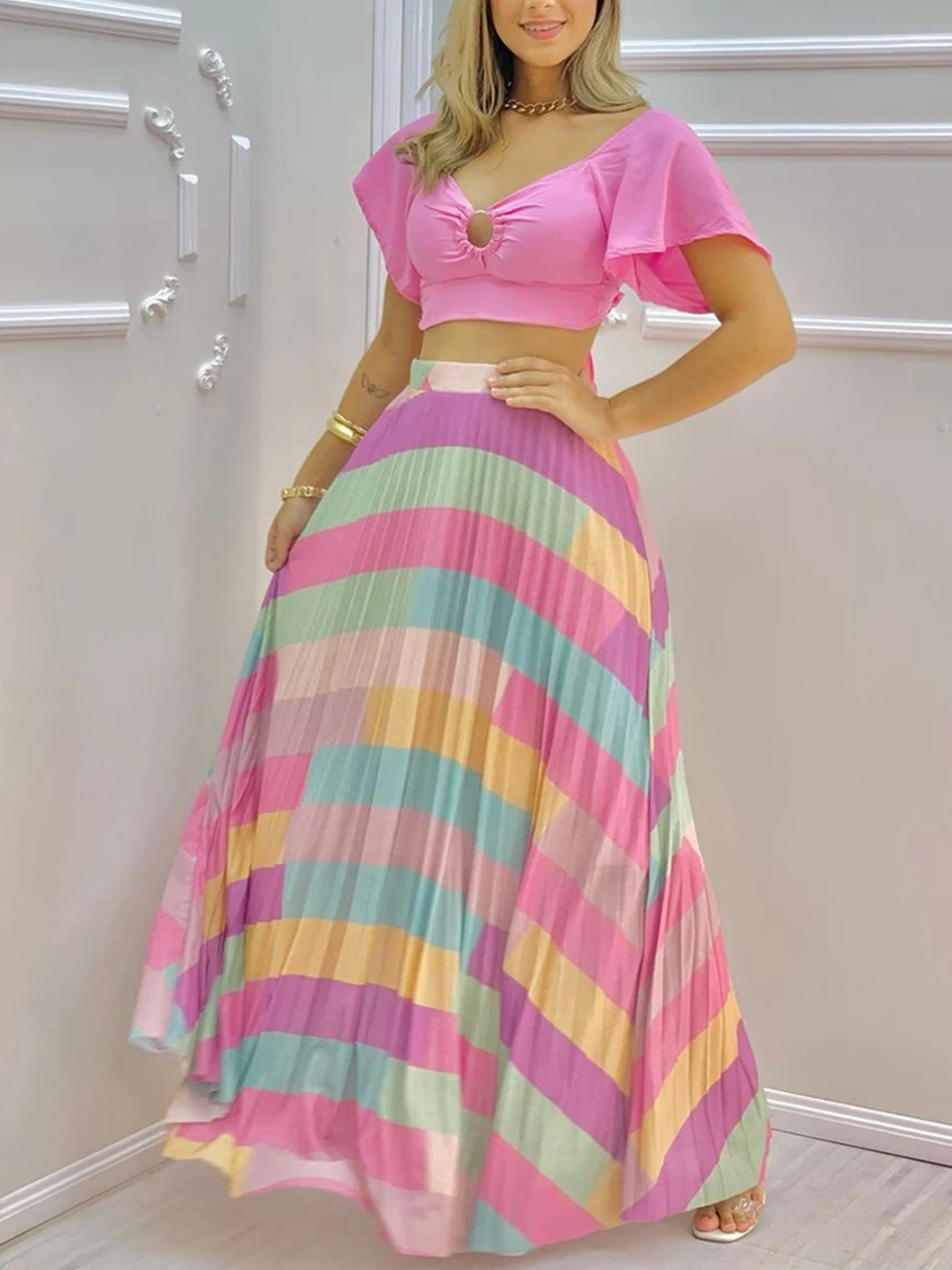 

two piece set party wear cropped top & striped maxi skirt Sets women summer sets suits 2022 new