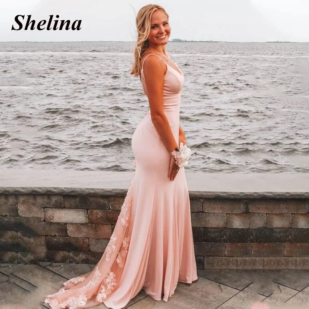 

Shelina Gorgeous Trumpet Satin Prom Evening Dress Appliques V-neck Backless Spaghetti Strap Vestidos Robes De Soirée Customized
