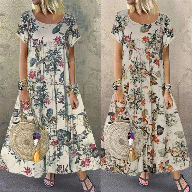 

Retro Floral Print Long Dress Women Summer Elegant Cotton Linen Ruffle Boho Beach Maxi Dresses Casual O-Neck Holiday Party Dress