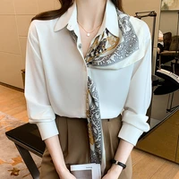2022 fashion women shirt printed tie blouses for women solid button up clothing women polo neck long sleeve top office lady tops