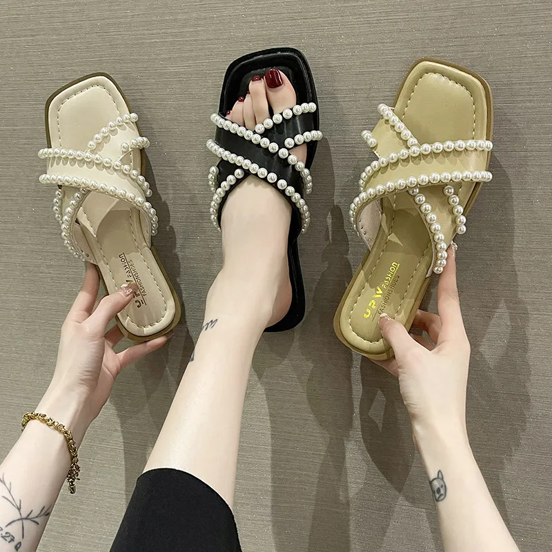 

Shoes Slippers Women Summer Luxury Slides Low String Bead Pantofle Designer Flat 2022 Basic Rome PU Rubber Slippers Casual Summe