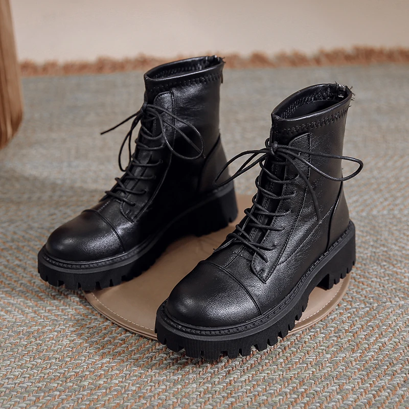 Round Head Square Heel Women Casual Boots 2022 Autumn New Fashion Platfrom Lace-up Back Zipper Women Chelsea Motorcycle Boots