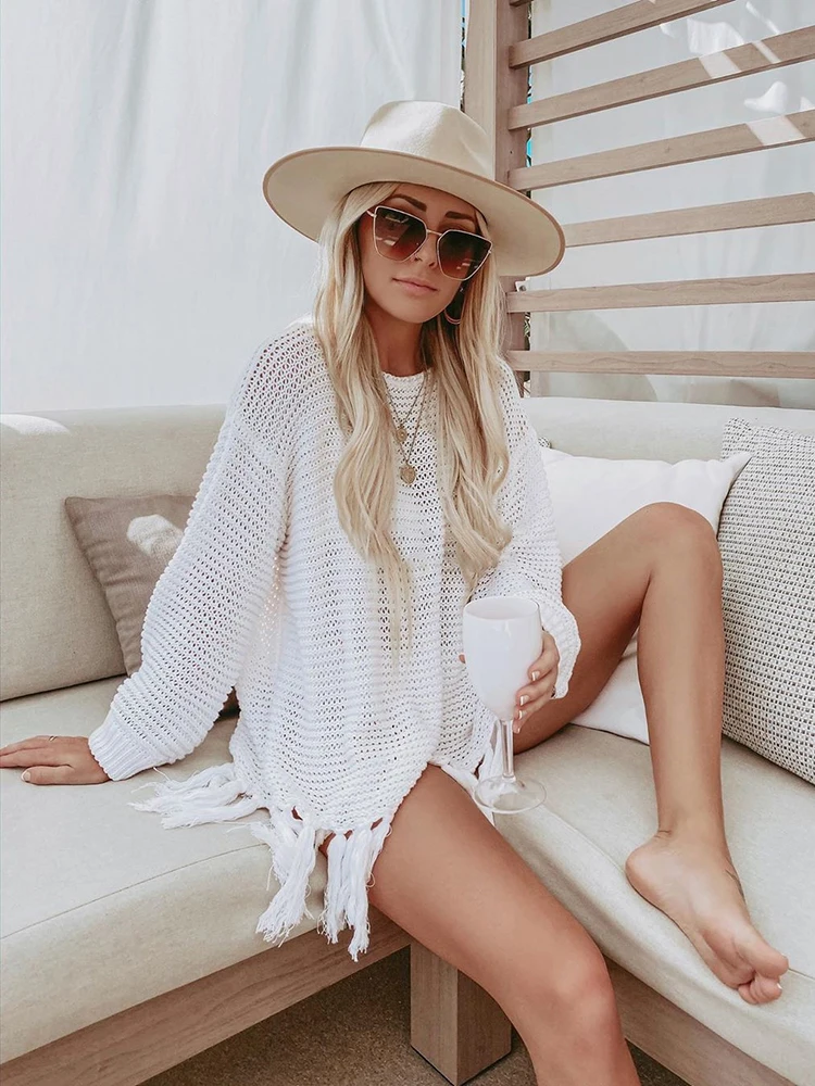 

Fashion Boho Knit Summer Dresses Transparent Sexy Beach Outfits For Women Fringe Holiday Pareo Outings Swimwear Outlets 2023