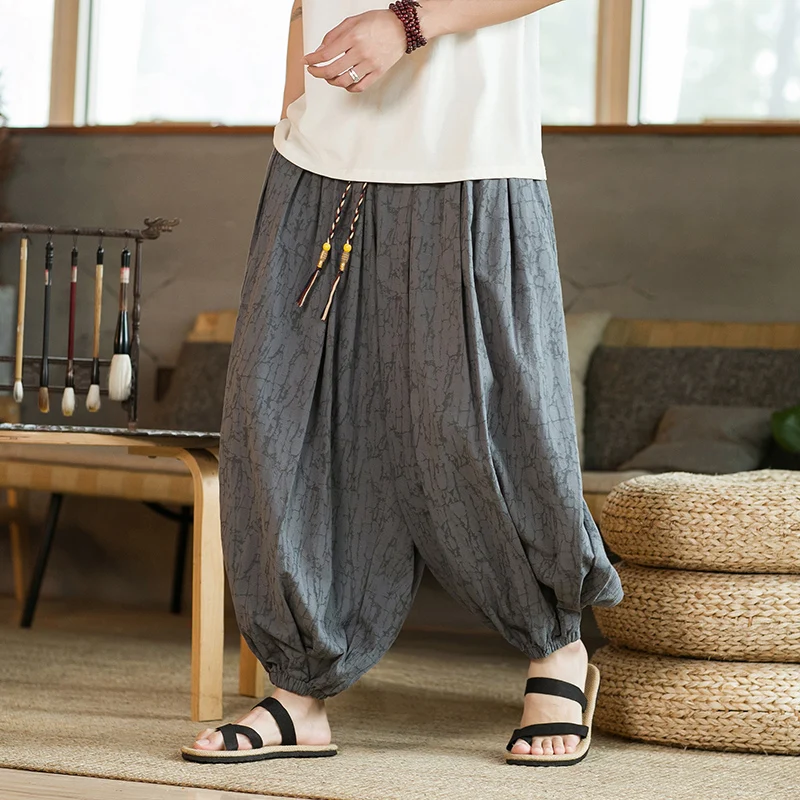 

MrGB Linen Cotton Wide Leg Casual Pants for Men Loose China Style Jacquard Large Size Harem Pant Vintage Drawstring Bloomers