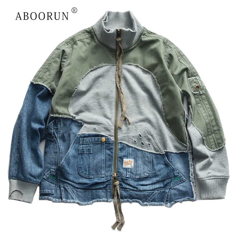 

ABOORUN 2021 Washed Ripped Denim Patchwork Jackets Men's Vintage Turtleneck Cotton Coat
