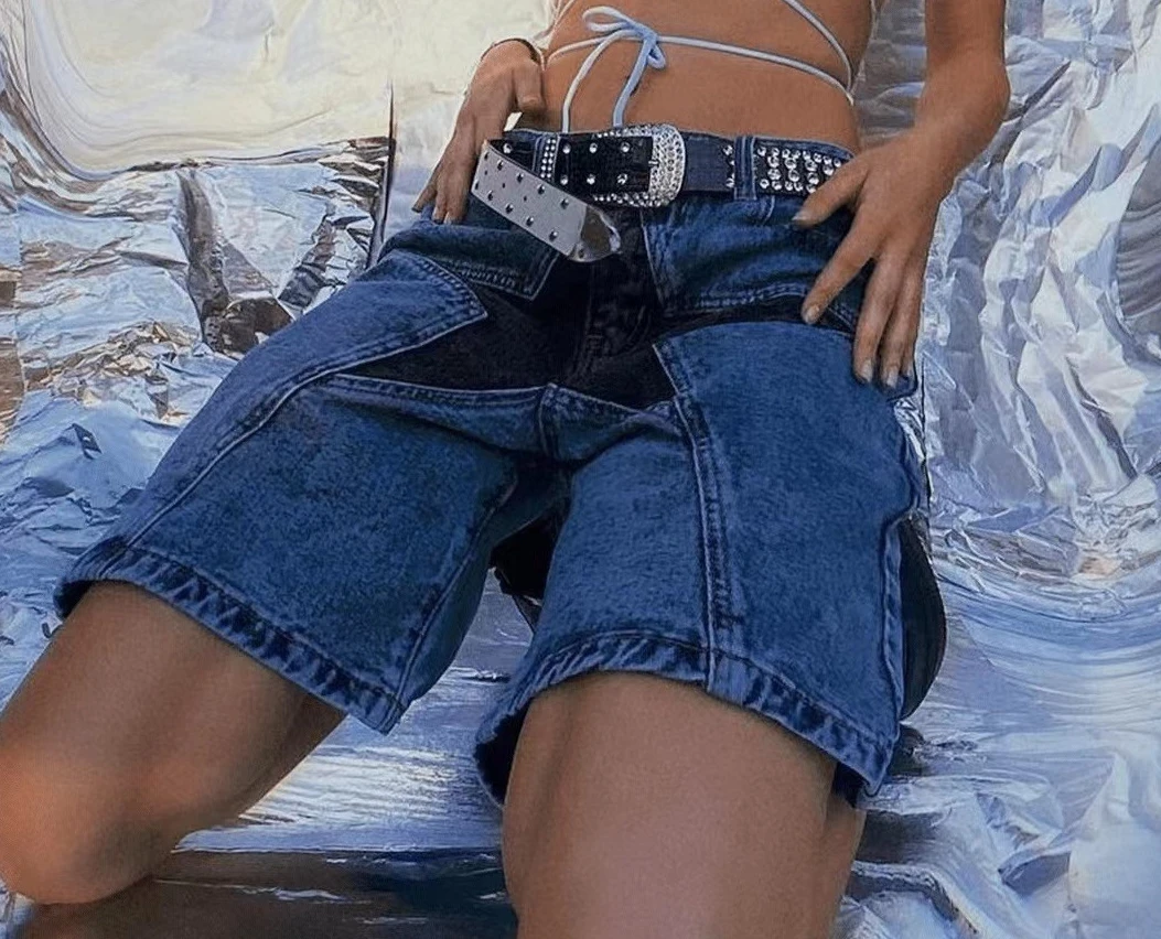 Модные уличные свободные контрастные цветные джинсовые шорты 2024 Осенняя новая