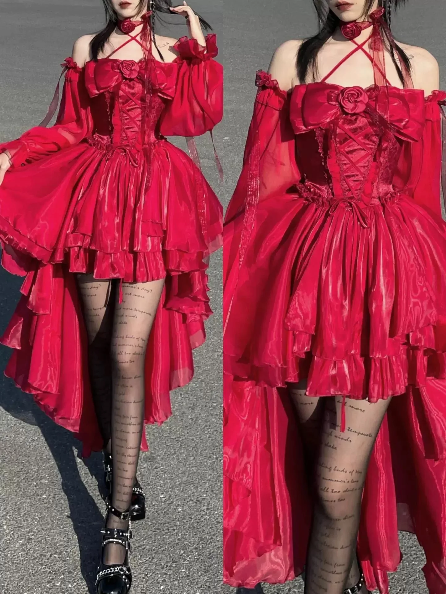 Платье сладкой девушки Лолита на одно плечо спереди короткое сзади длинный хвост