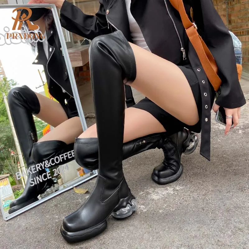 Женские высокие сапоги на массивном каблуке PRXDONG черные или Белые Повседневные