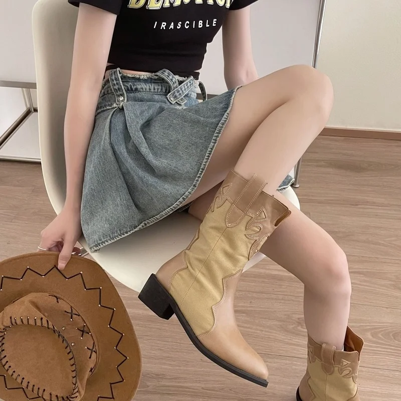 

But Knee Boots Women's Retro Western Cowboy Boots Mid-tube Summer 2022 New Fashion Pointed Toe Thick Heels Thin Knight Boots