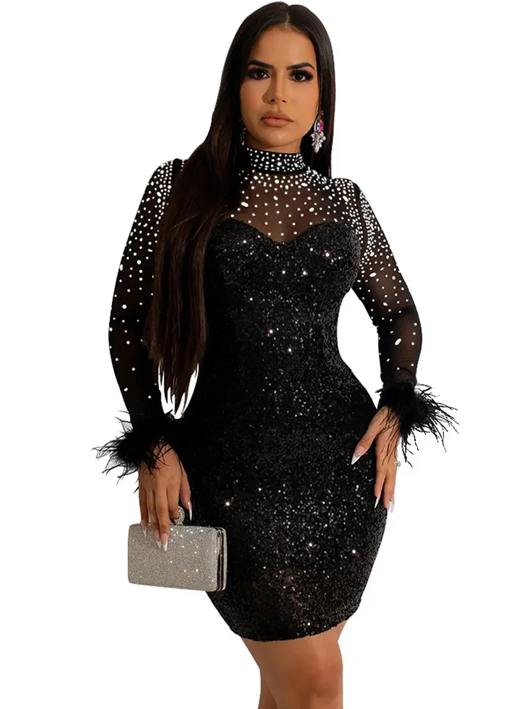 

Сексуальные сетчатые блестящие мини-платья с перьями для выпускного вечера, прозрачные костюмы для ночного клуба, женская сексуальная клубная одежда, короткое платье с бриллиантами