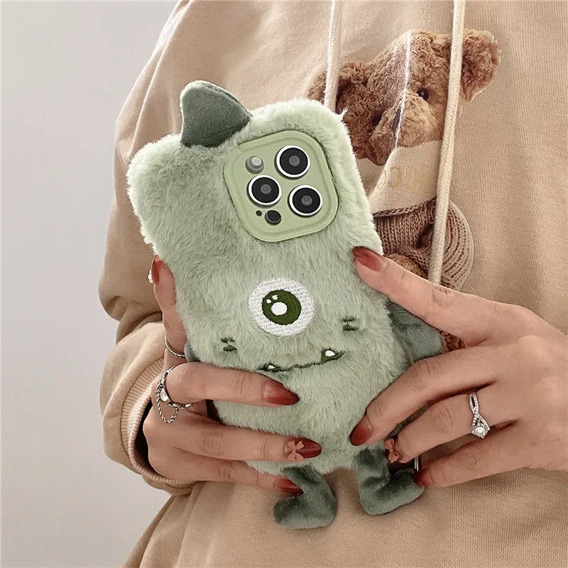 3D Cute Ears Green Little Monster Fur Plush Phone Case For iPhone 13 Pro Max Case 14 12 11 Pro X XS XR 7 8 Plus SE 2 Soft Covers