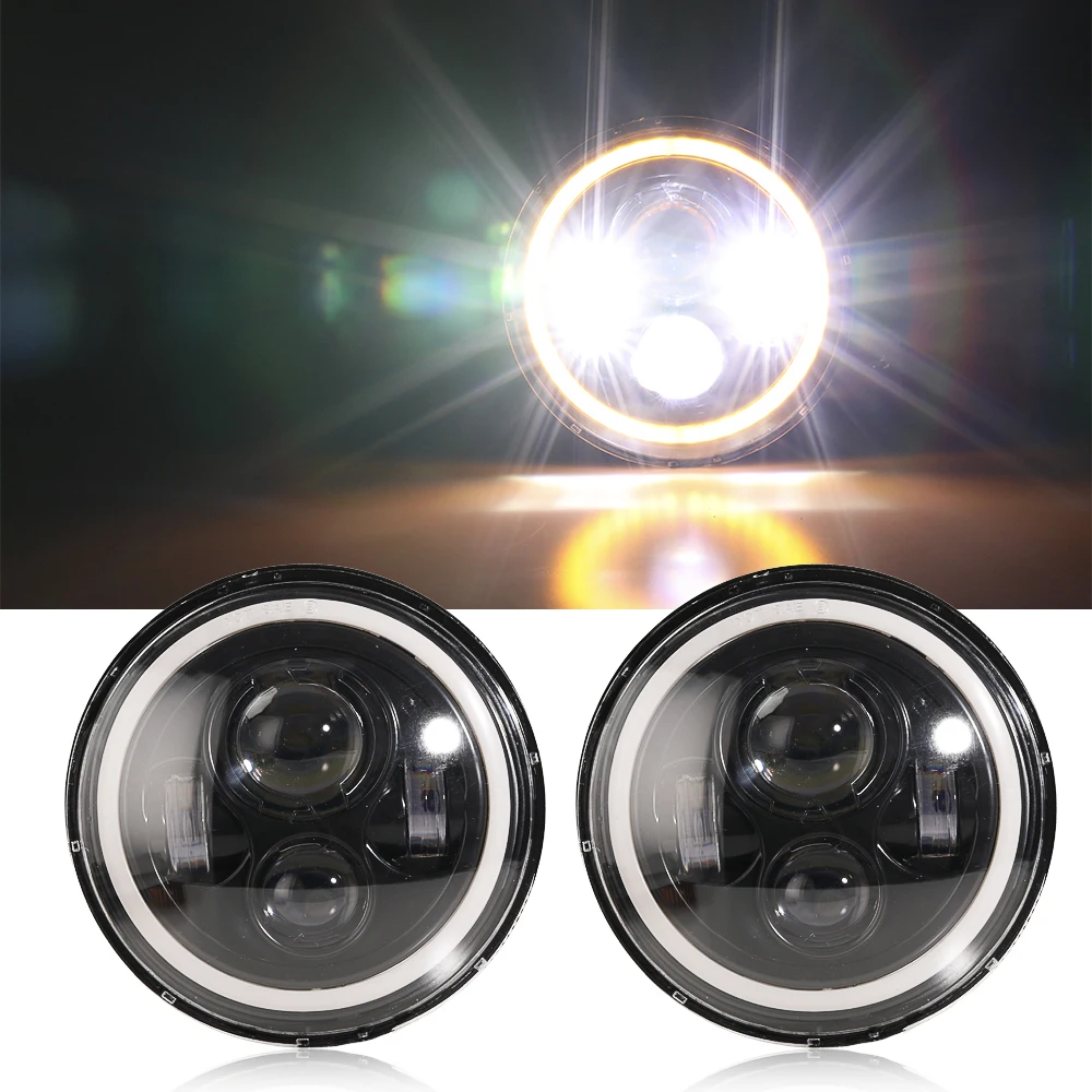 

2Pcs 7 inch Round Led Headlights Hi/Low H4 Light with Halo Ring Angle Eyes Turn Signal DRL Headlamp For Wrangler Off Road 4x4