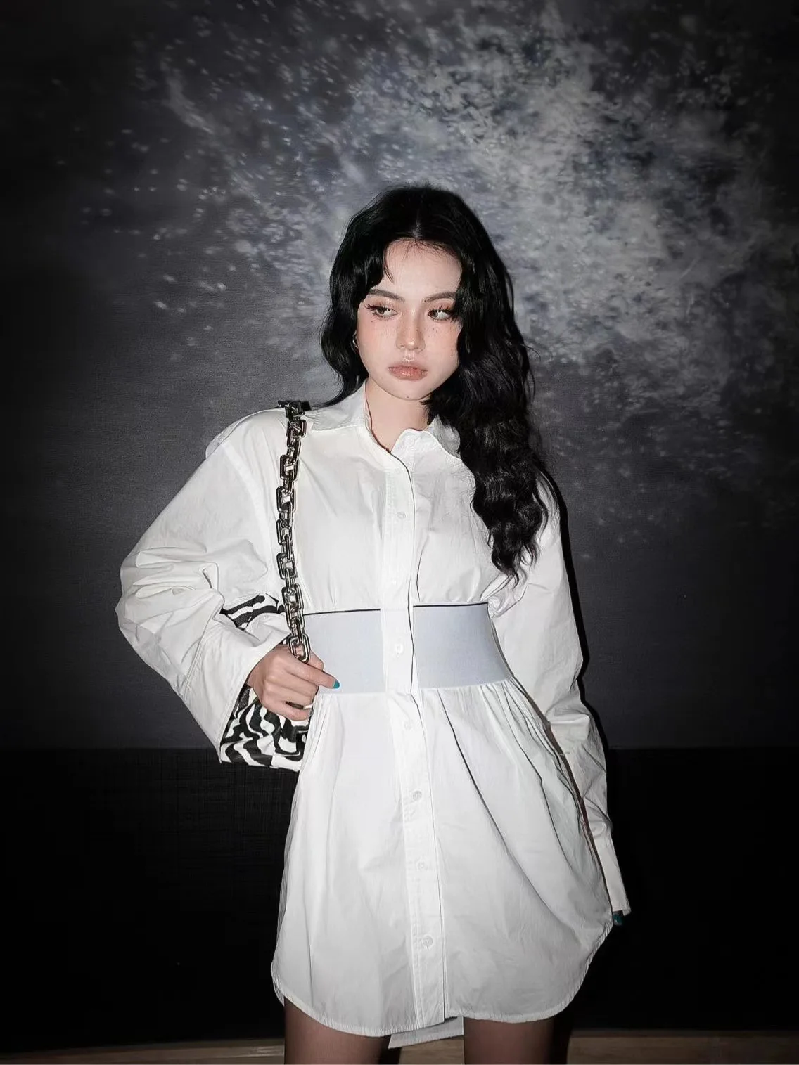 

Autumn Women's Wang Back Letter Long-sleeved Lapel Shirt Dress Women's High Waist Temperament Shirt