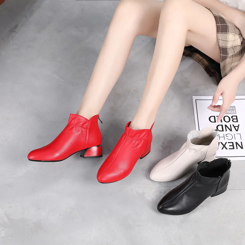 Модные ботильоны из натуральной кожи женские на толстом каблуке и молнии с