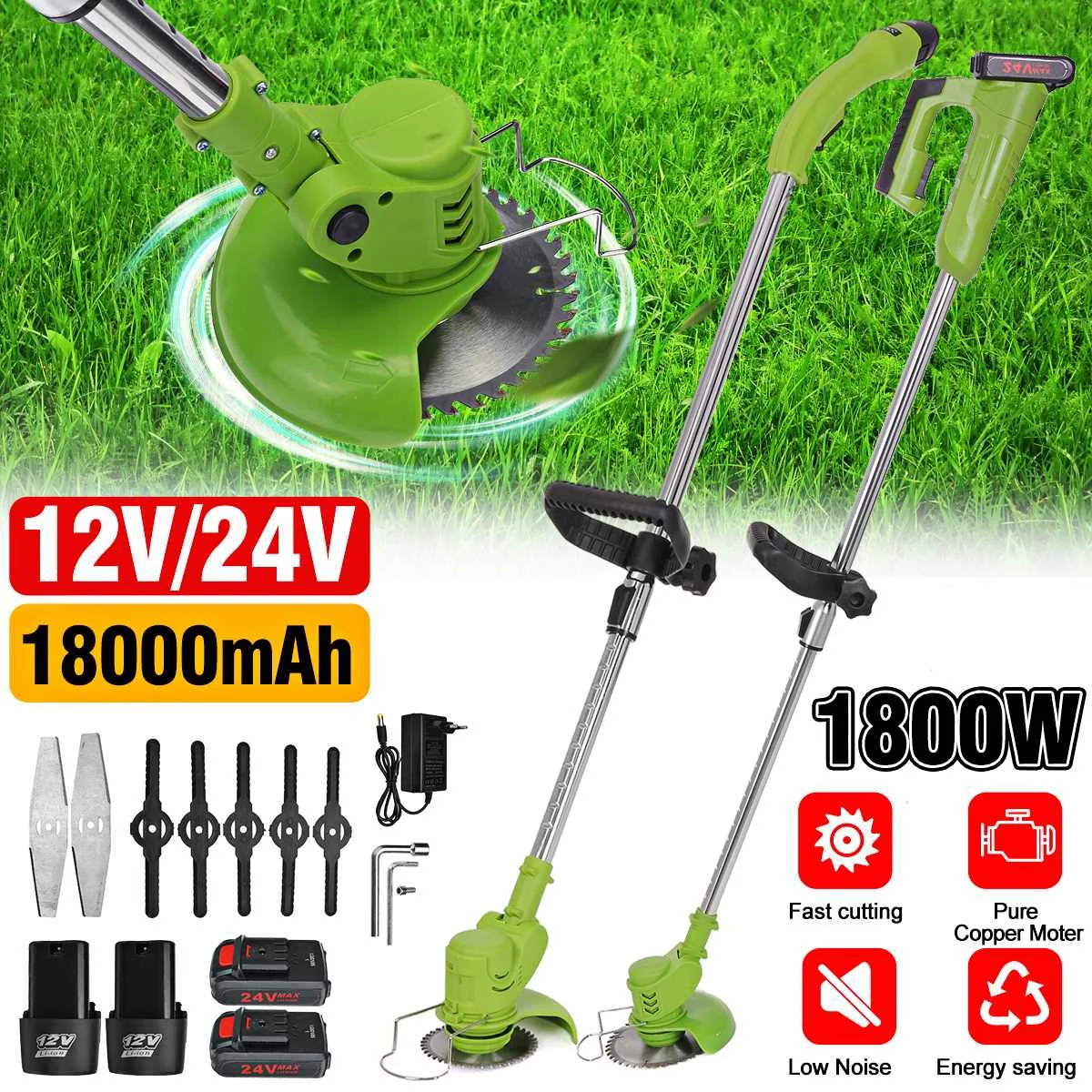 

24V 1800W Electric Lawn Mower Cordless Grass Trimmer Mowing Machine Grass Cutter Pruning Garden Power Tools With Li-ion Battery