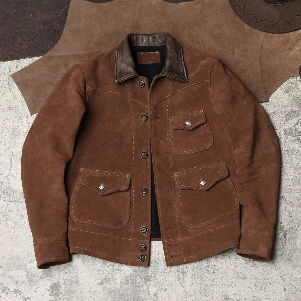 

Skin Genuine Sheep luxury brand high American retro style suede jacket.Classic casual real leather coat.Men quality vintage brow