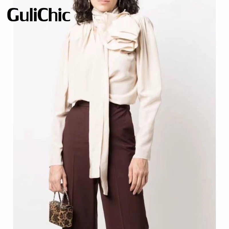 

5.18 GuliChic Women Runway Casual Elegant Silk Shirt Detachable Flower Decoration Long Sleeve Comfortable Blouse