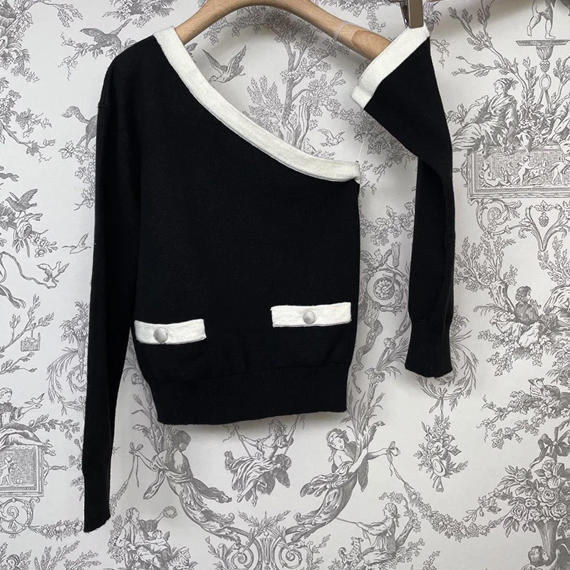 

23 Women Fashion Oblique Collar Knitted Sweater Sexy One Shoulder Black White Contrast Pullover Runway Pure Cashmere Jumper Tops