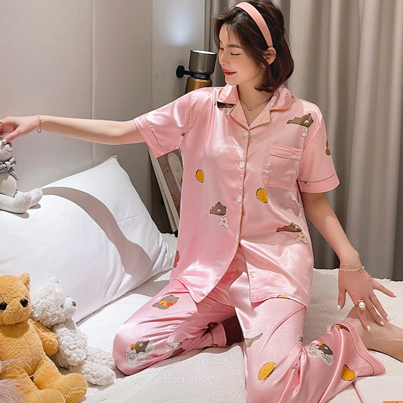 Women Silk Satin Pajamas Set Short Sleeve Long Trousers Pajamas Suit 2021 Button-Down Printed Sleepwear Loungewear Pyjamas Mujer