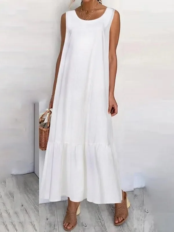 

2023 new elegant print dress, Spring/Summer Women's Round Neck Sleeveless Dress Split Color Casual Commuter Long Dress