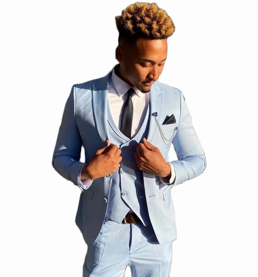 Blazer Sets Sky Blue Wedding Groom Men Suits 3 Pcs Peak Lapel Costume Homme Marriage Tuxedo Slim Fit Man Blazer Jacket+Pant+Vest