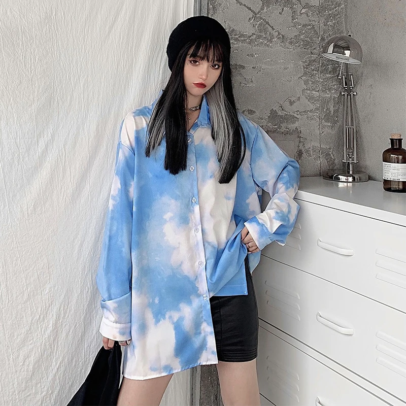 

Блузка Y2K в Корейском стиле, винтажная рубашка с принтом неба, облаков, в стиле Харадзюку, с длинным рукавом, Повседневная модная одежда на ле...