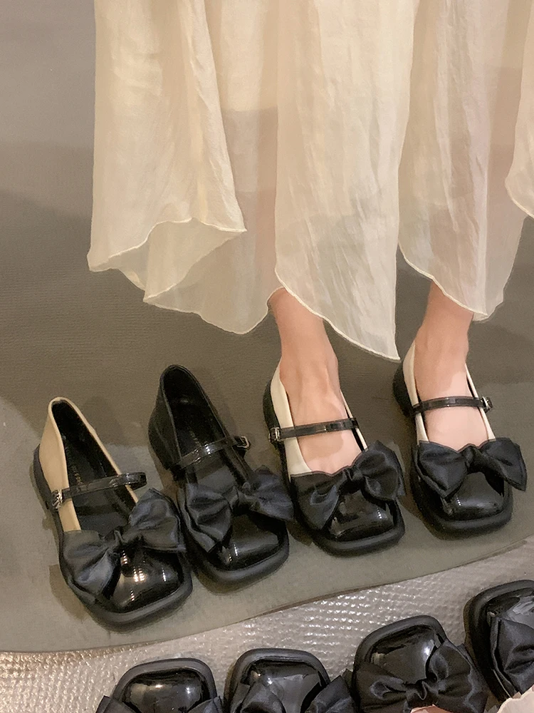 

Women's Shoes Mary Jane 2022 Spring and Autumn New Fashion Bow Shallow Mouth Flat Non-slip Square-toed Shoes