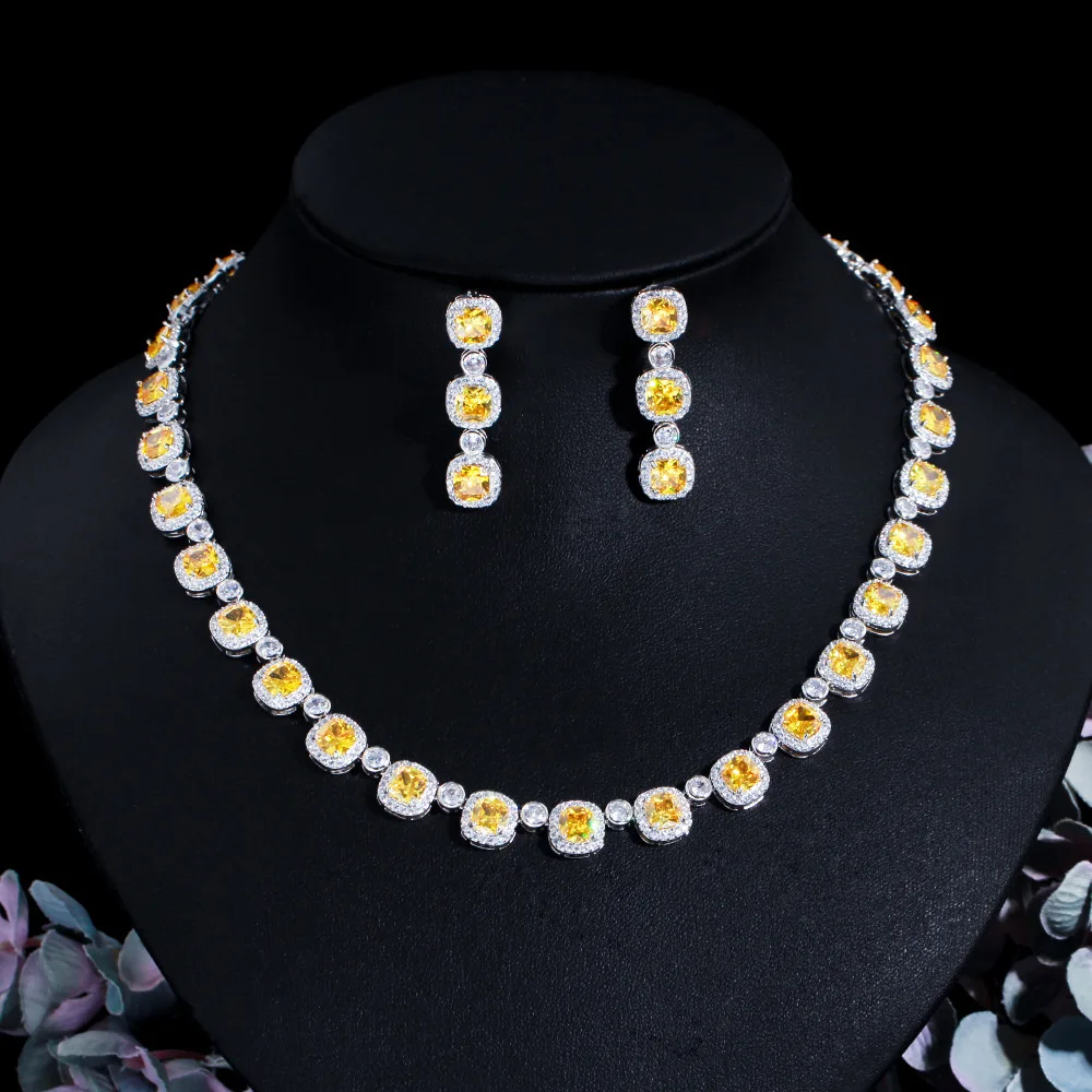 

Super Shiny Square Yellow Cubic Zirconia Stone Bridal Necklace Jewelry Sets Luxury Wedding Banquet Accessories