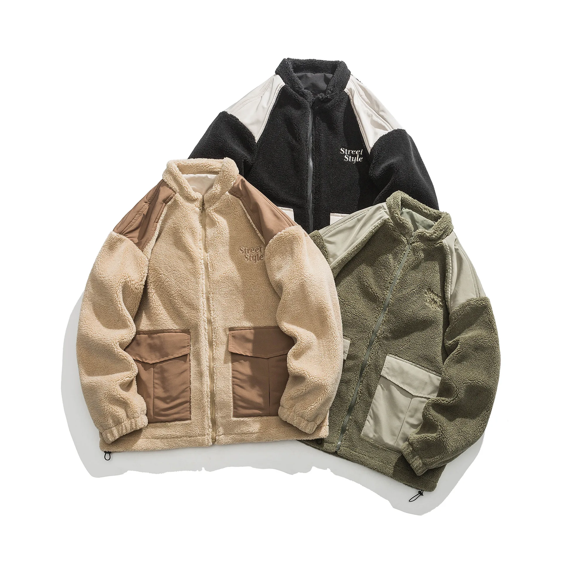 LUCLESAM Men's Stand Collar Lamb Wool Cotton Coats Stitching Contrast Color Pockets Autumn/Winter New Retro Casual Down Jacket