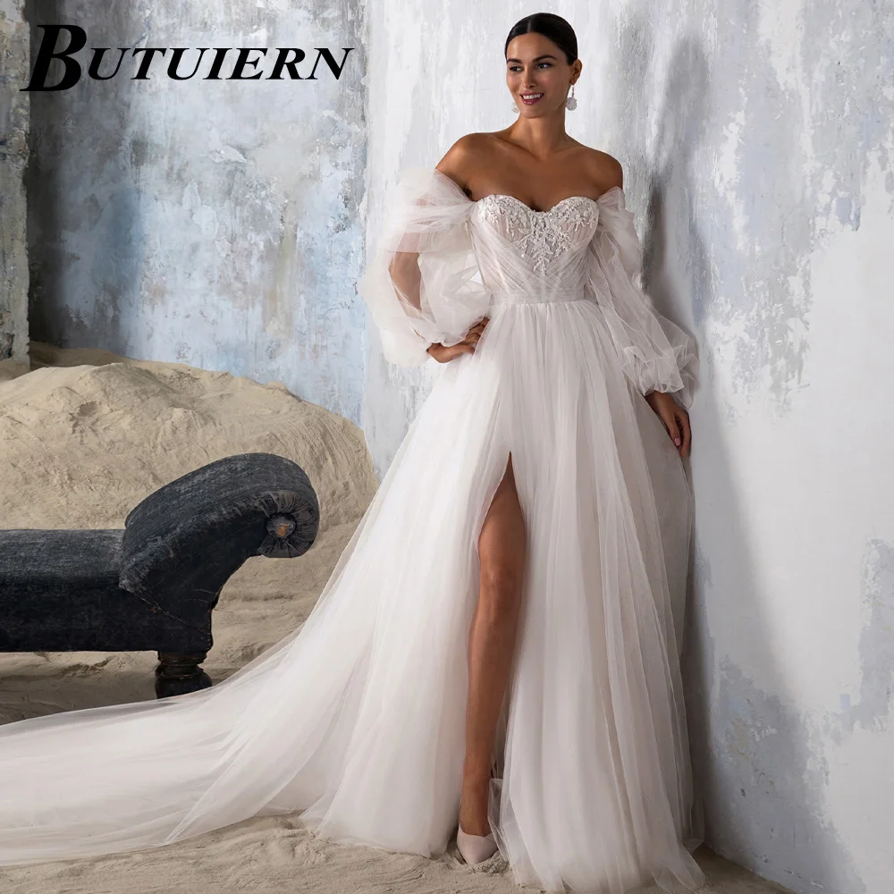 

COZOK High Slit Appliques Wedding Dress Strapless Tulle Aline Bridal Gown Puffy Sleeves Lacing Up With Court Train Customised