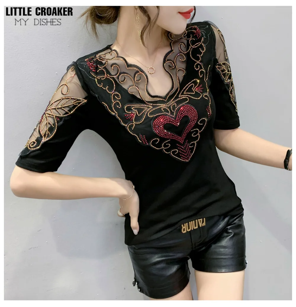 

Summer Korean Clothes Cotton T-Shirt Chic Sexy Patchwork Mesh Women Tops Short Sleeve Shiny Diamonds Casual Tees 2022 T14702A